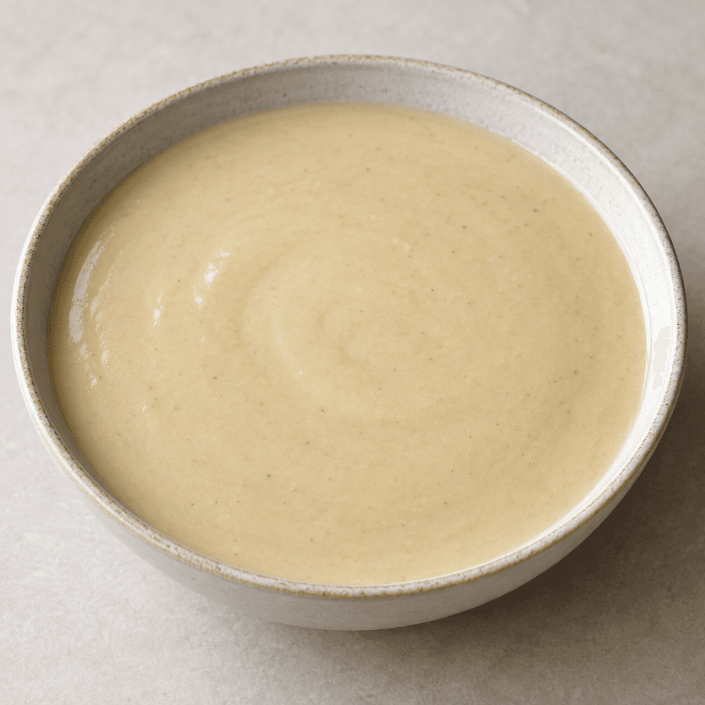 A thick, smooth, pale beige flour-based soup fills a shallow bowl, with a glossy surface and no visible solid pieces.