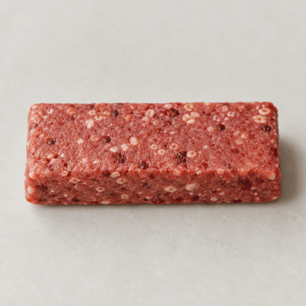 A compact, rectangular strawberry protein bar with a pink-red surface and small pale and darker flecks, shown on its own.