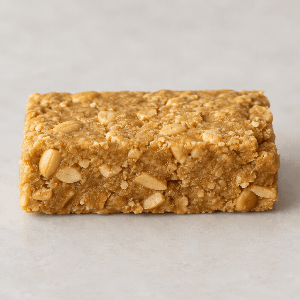 A compact rectangular peanut-butter bar, golden tan with a dense, slightly crumbly surface and small peanut pieces visible throughout.