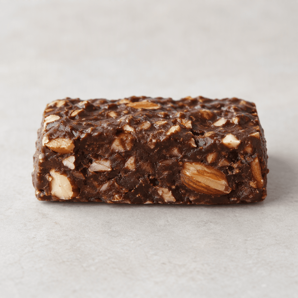 A compact rectangular, chocolate-brown bar with a slightly uneven surface and visible almond pieces, shown unwrapped on a plain surface.