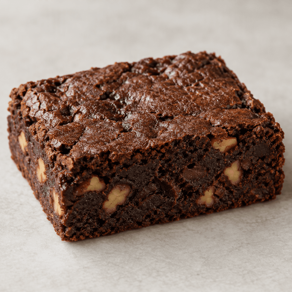 A short, thick rectangular bar with a dark-brown, slightly uneven surface and a few small lighter-colored pieces visible in its dense interior, served whole.