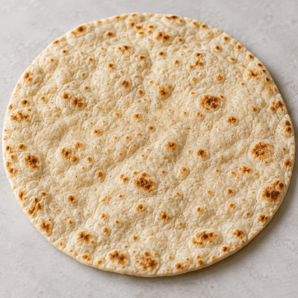 A thin, soft, pale beige flatbread lies flat, with a lightly uneven surface and scattered small golden-brown spots.