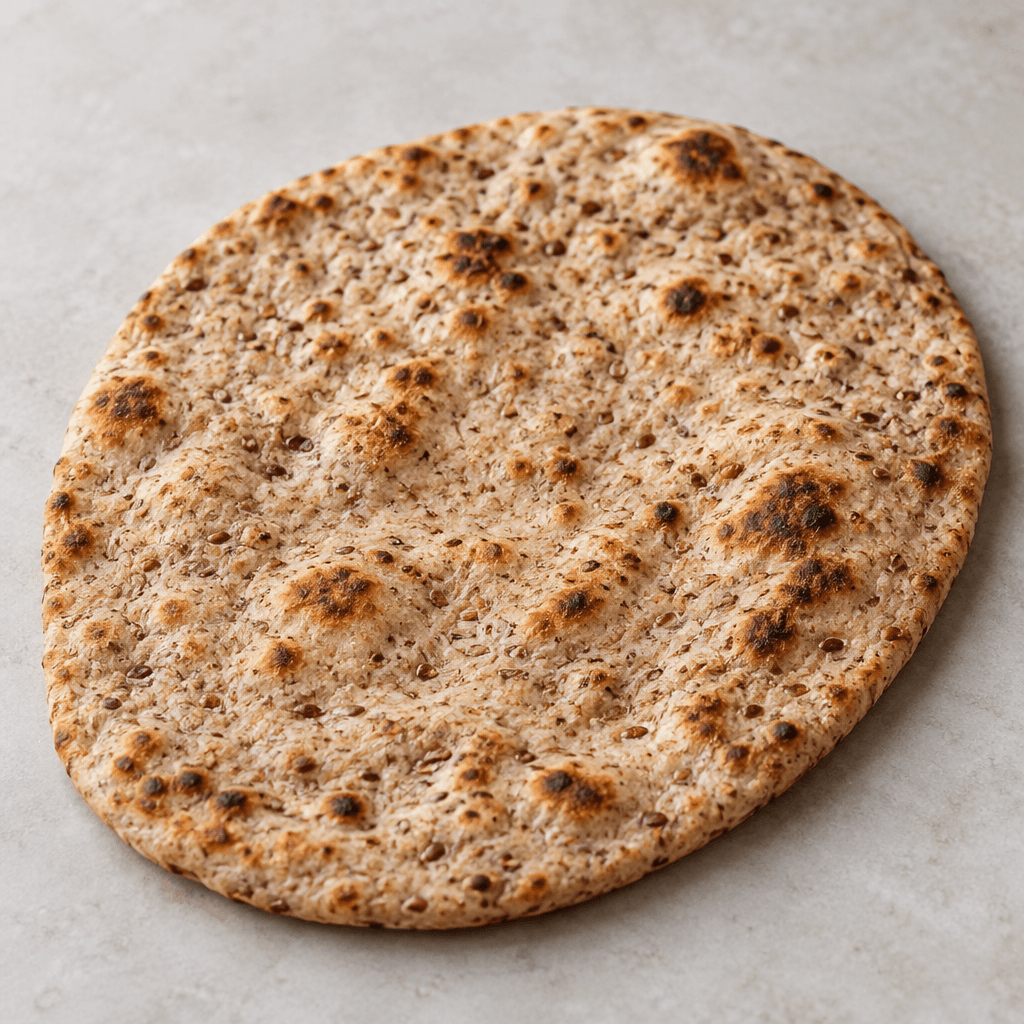 İnce ve geniş oval biçimli yassı ekmek, koyu renkli tam tahıl benekleri ve yer yer kızarmış izlerle açık kahverengi görünür.