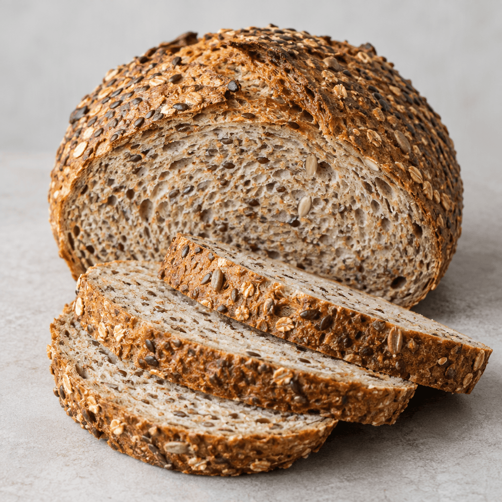 A rustic multigrain bread loaf with a deep golden-brown crust, a dense beige interior flecked with visible seeds and grains, and several thick slices arranged beside it.