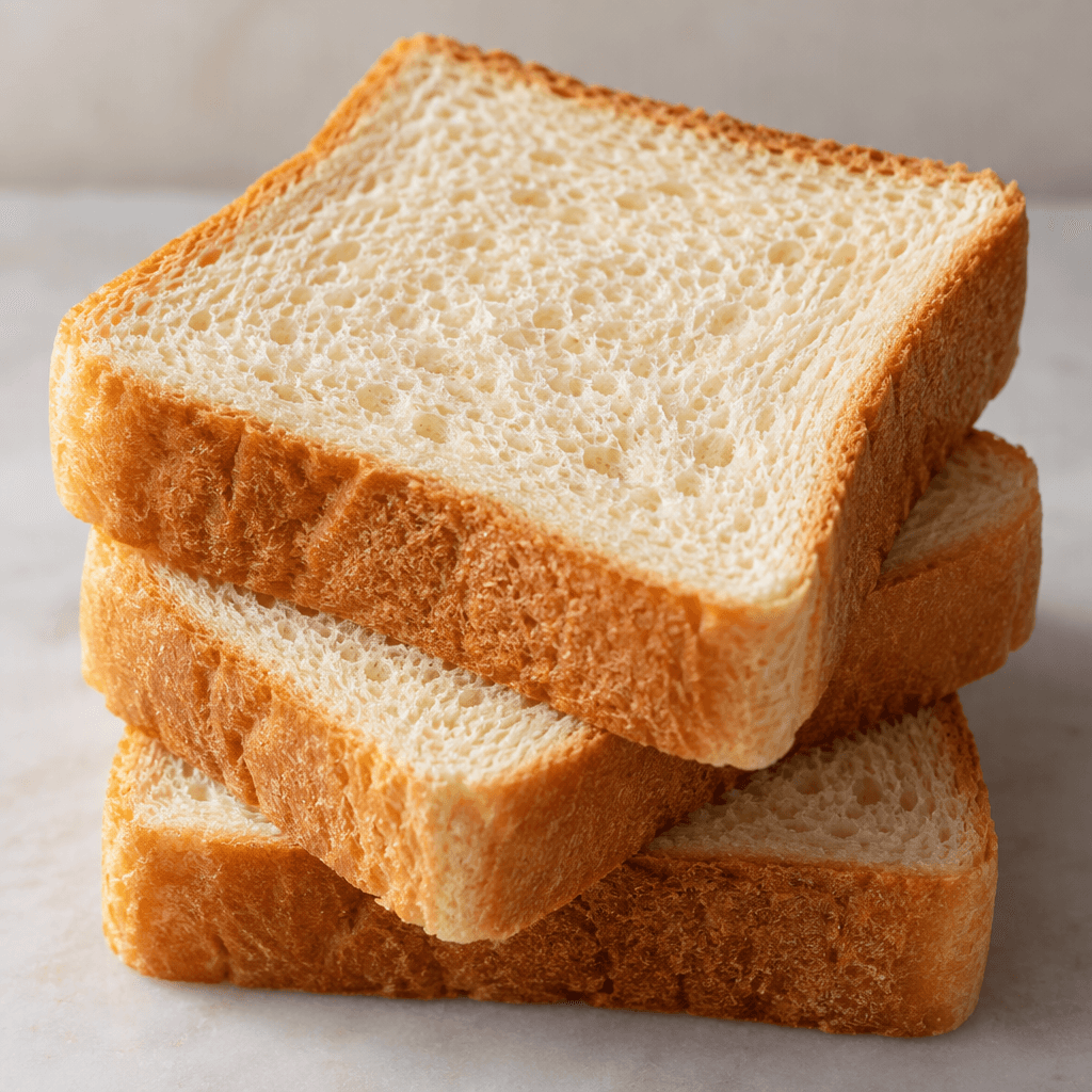 Yumuşak tost ekmeğinin kalın, kare dilimleri; ince altın kahverengi kabukları ve gözenekli, açık bej içleri görünecek şekilde hafifçe kayık biçimde üst üste duruyor.