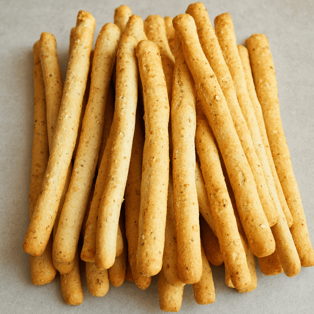 Long, slender golden-beige oat breadsticks with a dry, lightly rough surface and fine darker flecks, arranged in a loose bundle.