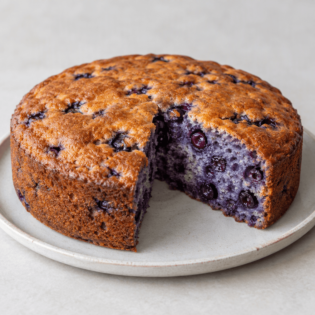 A low, round cake with a deep golden-brown top and a moist, dense purple-blue interior dotted with whole blueberries sits on a plate, with a slice cut out to reveal its berry-filled crumb.