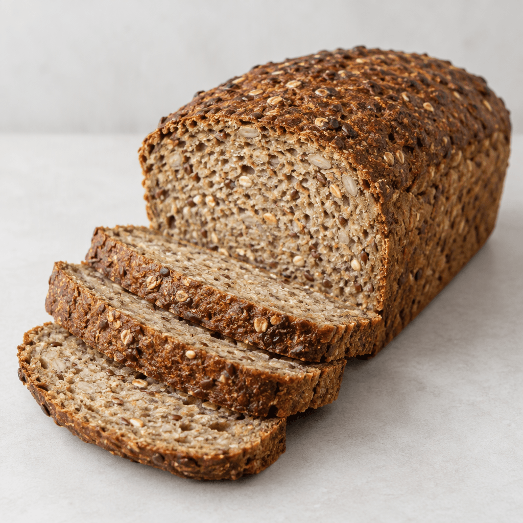 A rectangular brown loaf of bread sits beside several slices showing a dense beige-brown crumb flecked with visible grains and seeds, beneath a darker, lightly textured crust.
