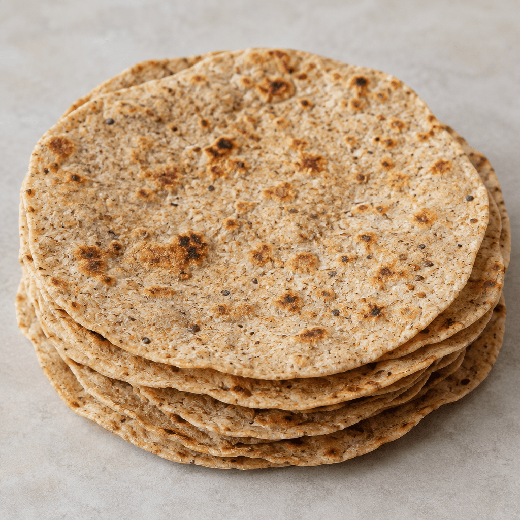Thin, flexible, roughly round flatbreads in a loose stack, with a muted tan-brown surface, darker grain flecks, and scattered toasted spots.