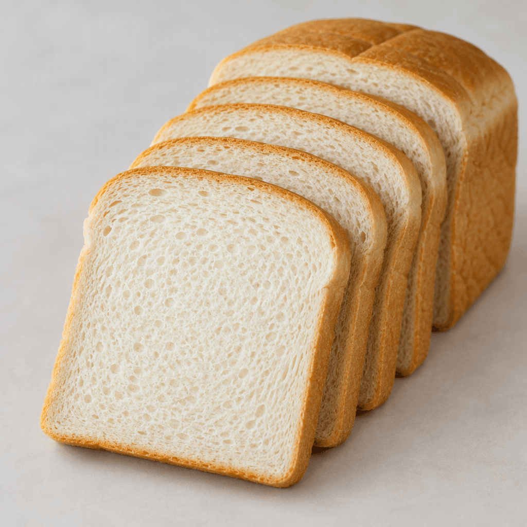 A rectangular loaf of pale cream-white sliced bread with a soft, fine-textured crumb, a thin light-brown crust, and evenly rounded corners, arranged in overlapping slices.