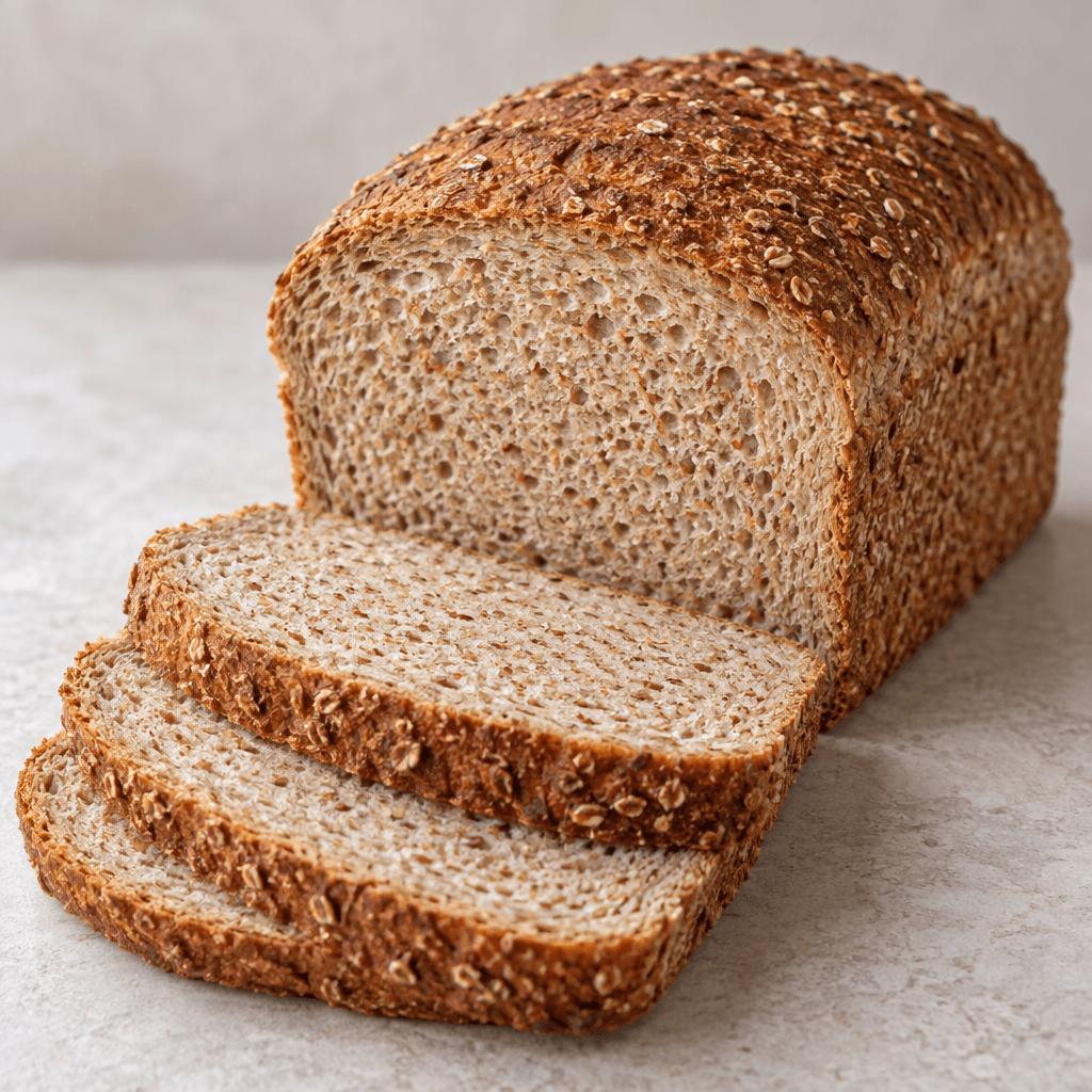 A rectangular loaf of whole wheat bread with a medium-brown crust and a tan, finely textured interior dotted with small grain flecks, shown whole beside a few evenly cut slices.