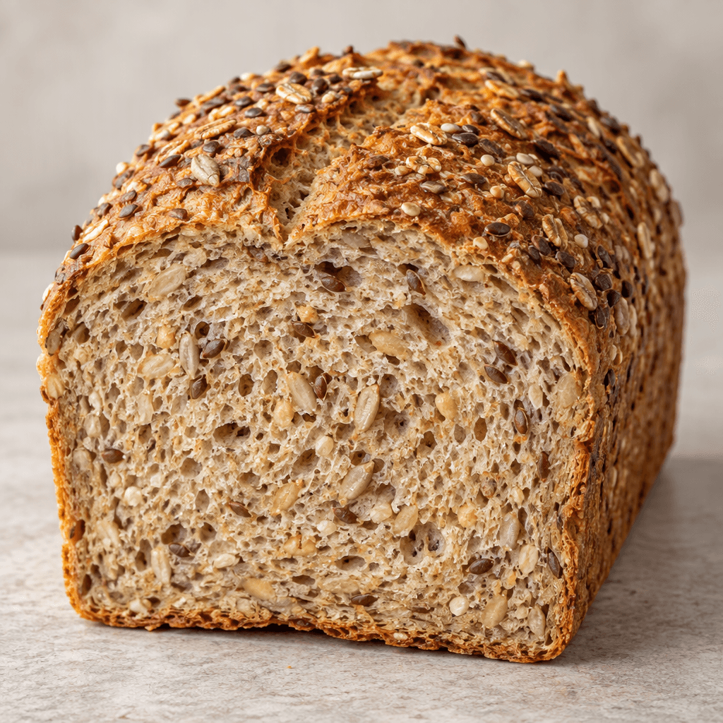 A loaf of multigrain bread with a golden-brown crust and a tan, grain-speckled interior, dotted with visible seeds and whole grains.