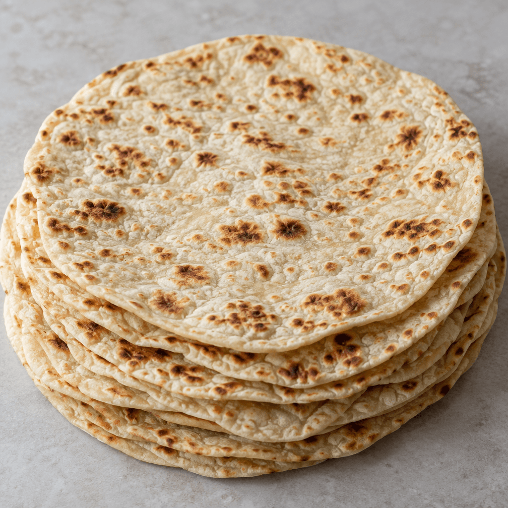 A stack of large, thin, round flatbreads with a pale beige surface, scattered light-brown toasted patches, and softly uneven edges.