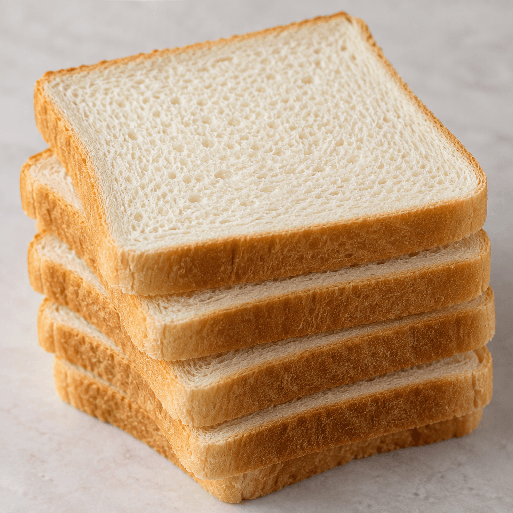 Several neatly stacked rectangular slices of soft sandwich bread have a pale cream interior with a fine, even crumb and a thin light-golden crust around the edges.