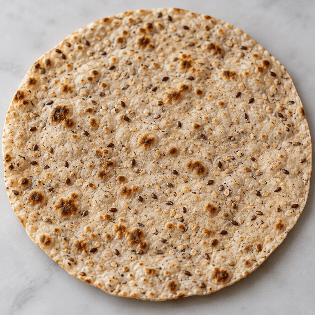 A thin, flat, lightly browned sheet of bread with a soft, flexible surface and visible scattered grain and seed flecks.