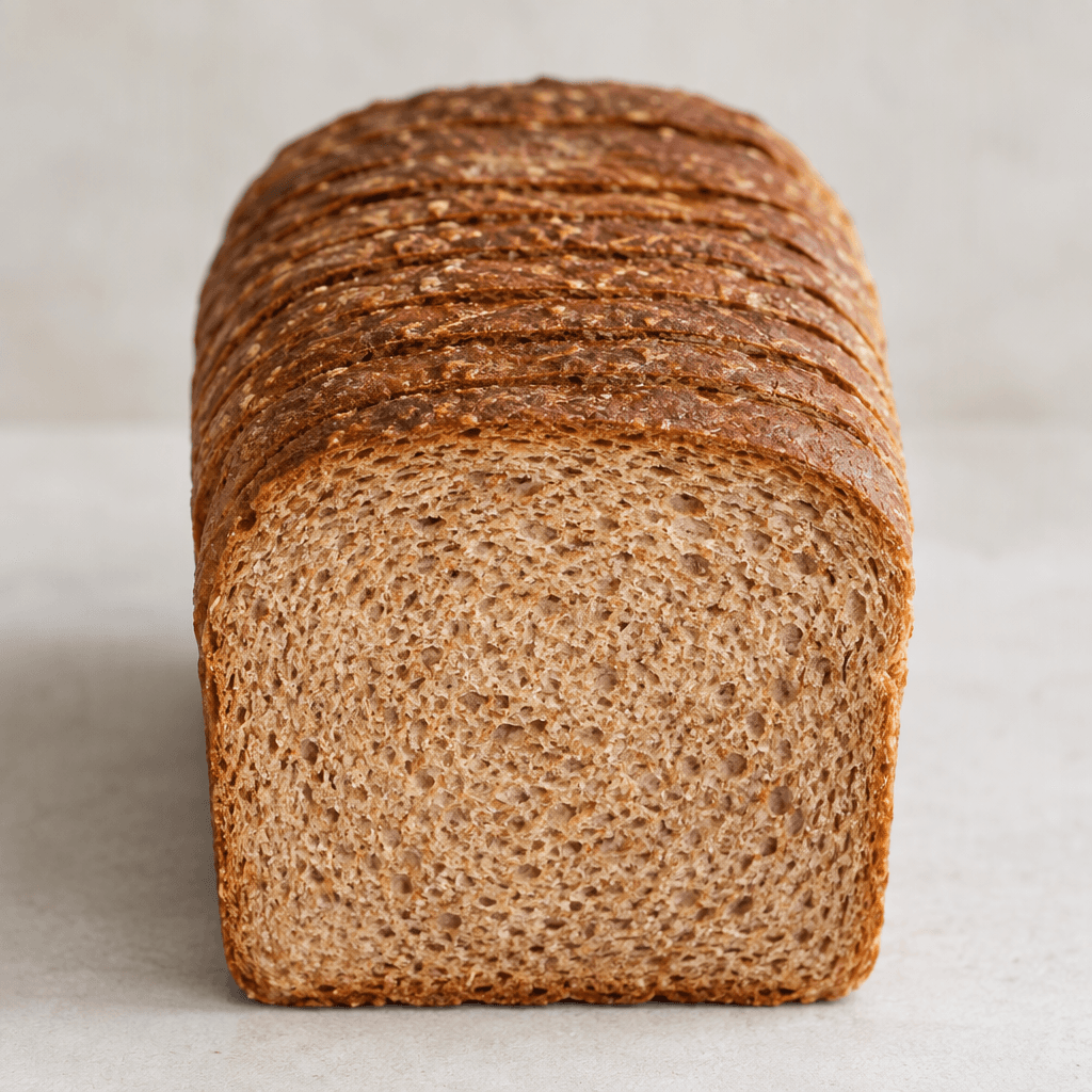 A rectangular, pre-sliced whole-wheat loaf with a deep brown crust and evenly textured tan-brown slices, showing a compact crumb with tiny wheat flecks.