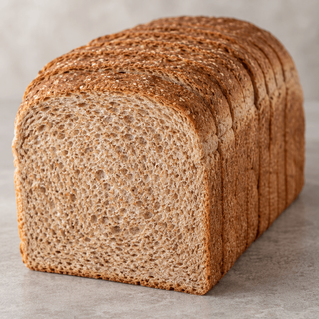 A rectangular loaf of whole-wheat sandwich bread, sliced into even pieces with a soft tan-brown crumb flecked with darker grain and a thin, deeper-brown crust.