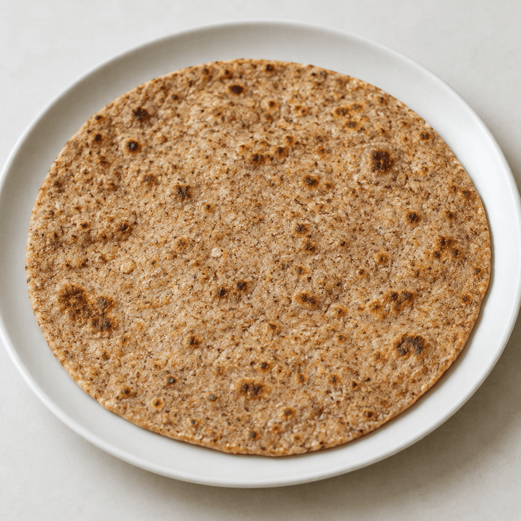 A thin, round whole-wheat flatbread with a warm brown color, fine grainy flecks, and scattered darker toasted spots lies flat on a plate.