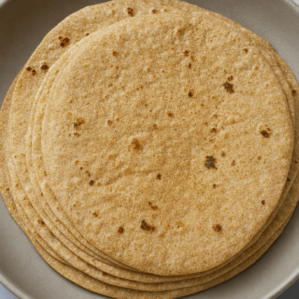 Thin, round whole-wheat flatbreads with a warm tan-brown colour, fine bran flecks and scattered darker toasted spots, stacked slightly overlapping.