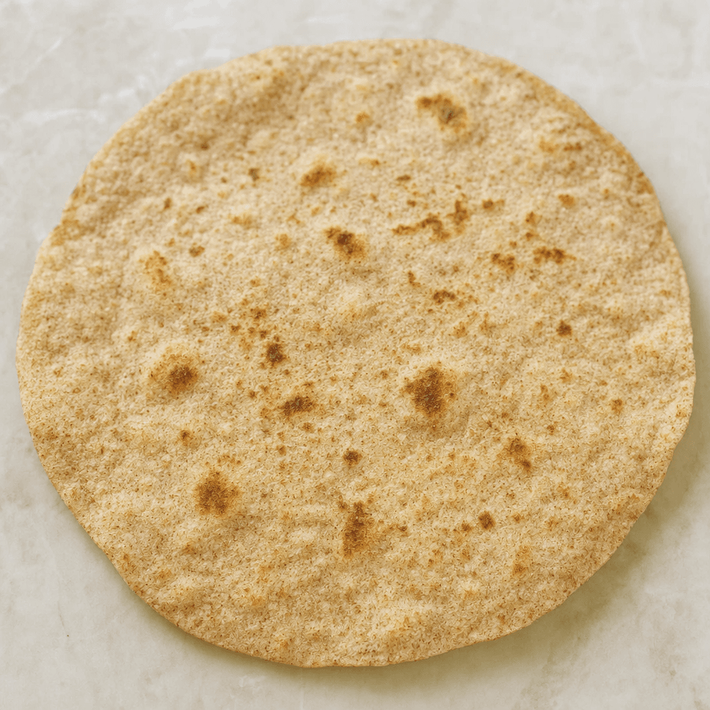 A thin, flexible whole-wheat flatbread lies in broad, slightly irregular rounds, its light brown surface dotted with darker bran flecks and faint toasted patches.