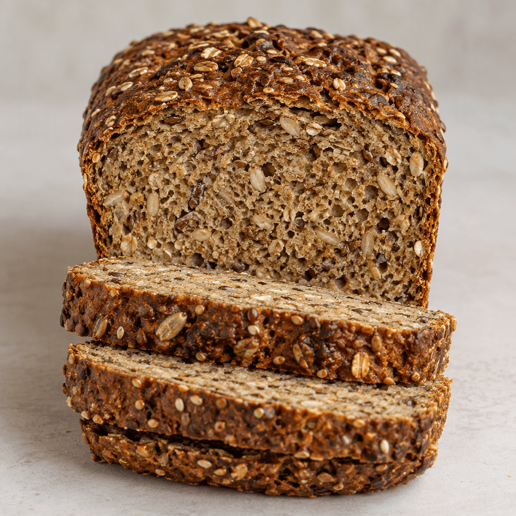 A rectangular loaf of whole-grain bread with a deep brown crust and a dense tan-brown interior speckled with visible grains and seeds, shown in thick slices.
