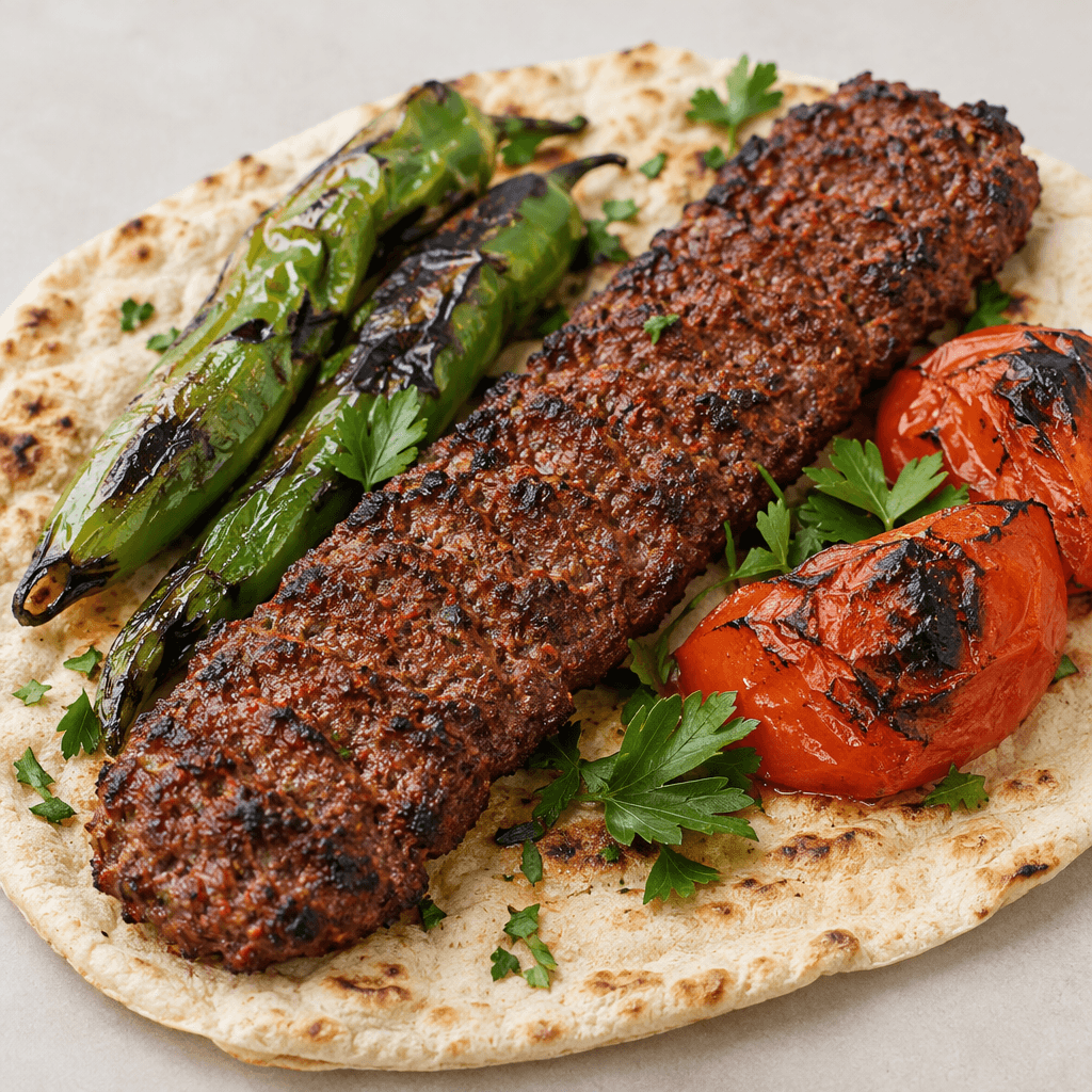 İnce ve hafifçe yassılaştırılmış şiş üzerinde, yüzeyi iri dokulu ve çizgili, kenarları közlenmiş koyu kızıl-kahverengi kıymalı kebap; yanında ince pide, közlenmiş yeşil biber, domates ve serpiştirilmiş maydanoz bulunur.
