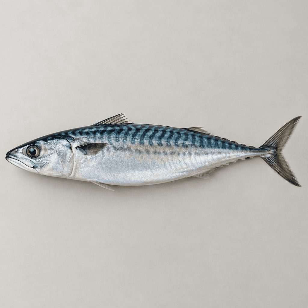 A whole mackerel has a slender, torpedo-shaped body with shiny silver sides, a blue-green back marked by dark wavy stripes, a pointed head, and a deeply forked tail.