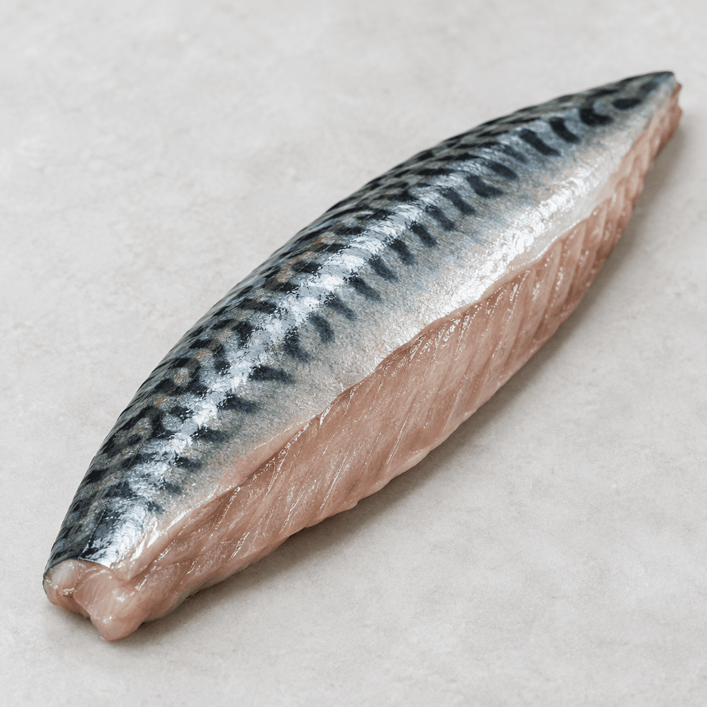 An elongated, tapered mackerel fillet with glistening silver skin marked by dark blue-green wavy stripes along the back and exposed flesh that is moist, firm, and pale pink to beige.