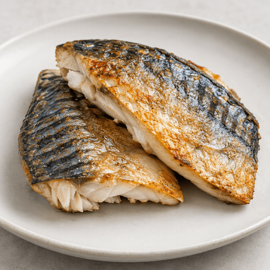 Golden-brown mackerel portions with lightly crisped, silvery skin and pale, flaky flesh are arranged on a plate.