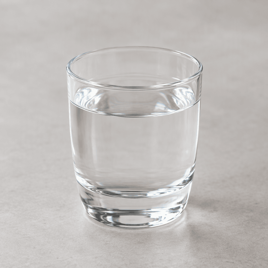 A small clear glass holds a transparent, colorless liquid, with a faint sheen of light on its surface.