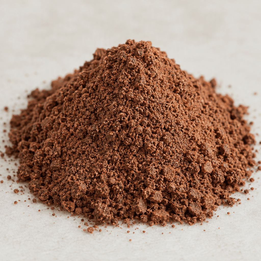 Fine, dry grape seed powder appears as a loose, slightly coarse mound in muted reddish-brown to deep brown tones, with tiny visible granules and an uneven, crumbly surface.