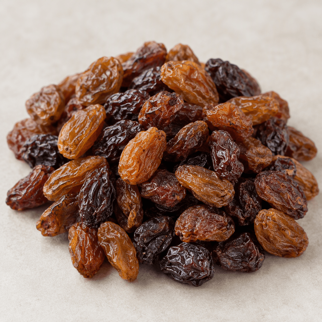 Small, oval dried grapes with deeply wrinkled skins, ranging from golden brown to dark purplish brown, shown loose in a small mound.