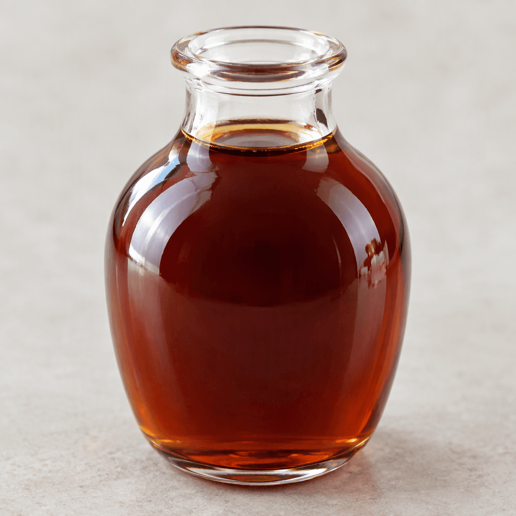 A clear, deep reddish-brown liquid with a glossy surface, poured into a small transparent glass bottle or bowl, with no visible solids.