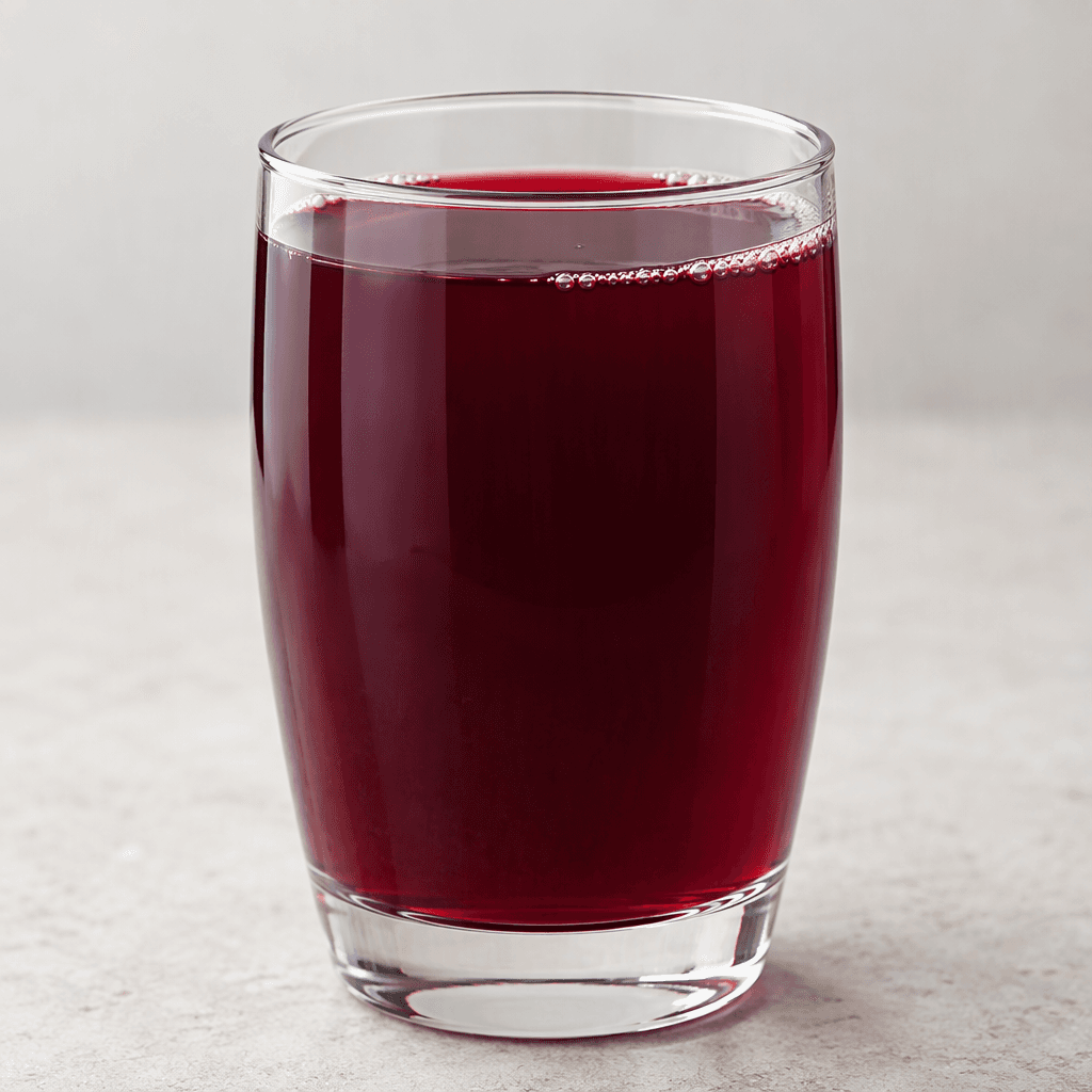 Deep purple-red grape juice with a smooth, translucent appearance, served in a clear drinking glass with a glossy surface and a few small bubbles near the rim.