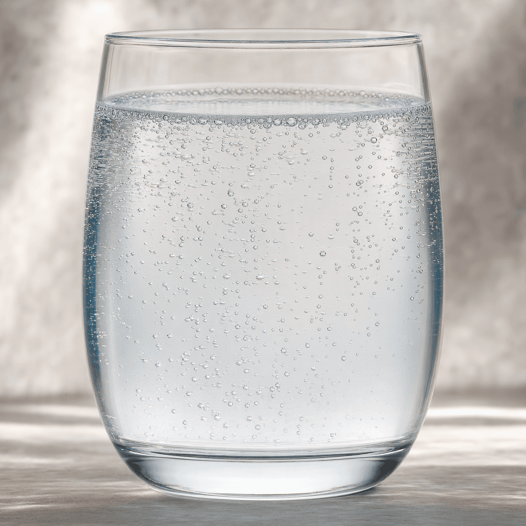 Clear, colorless sparkling water with fine bubbles rising through it, served in a glass.