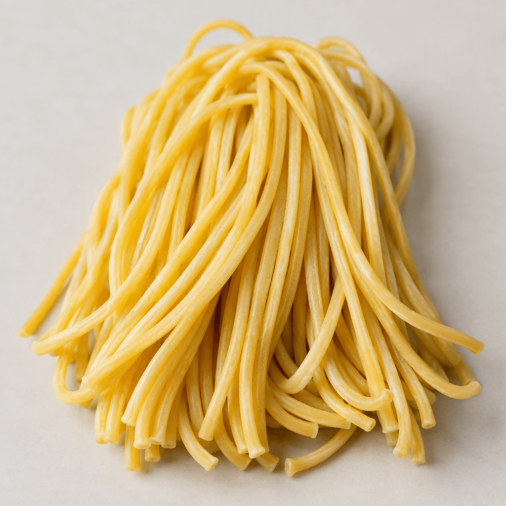 Long, slender, smooth strands of pale golden pasta lie in a loose bundle, with evenly cylindrical shapes and slightly curved ends.
