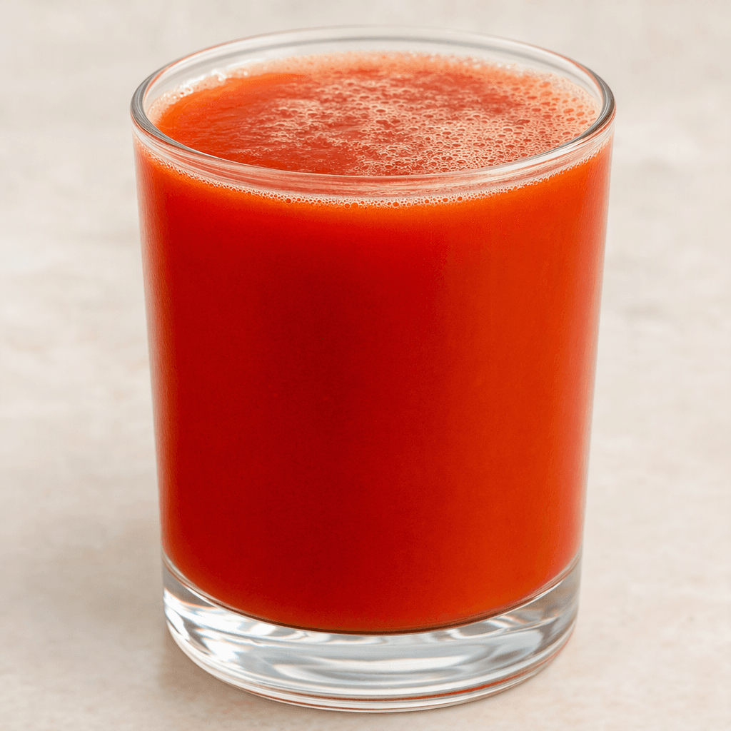 An opaque, smooth, deep reddish-orange vegetable juice fills a clear glass, with a slight layer of fine bubbles on top.