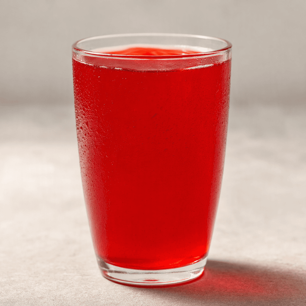 A glass of bright, translucent fruit-colored drink, smooth and free of visible pulp or pieces.