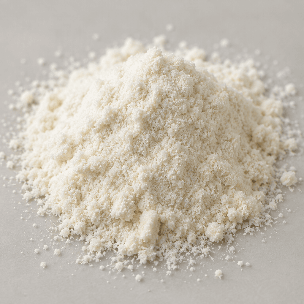 Fine white to off-white crystalline powder, with tiny angular granules and a dry, slightly sparkling surface, loosely scattered on a plain surface.