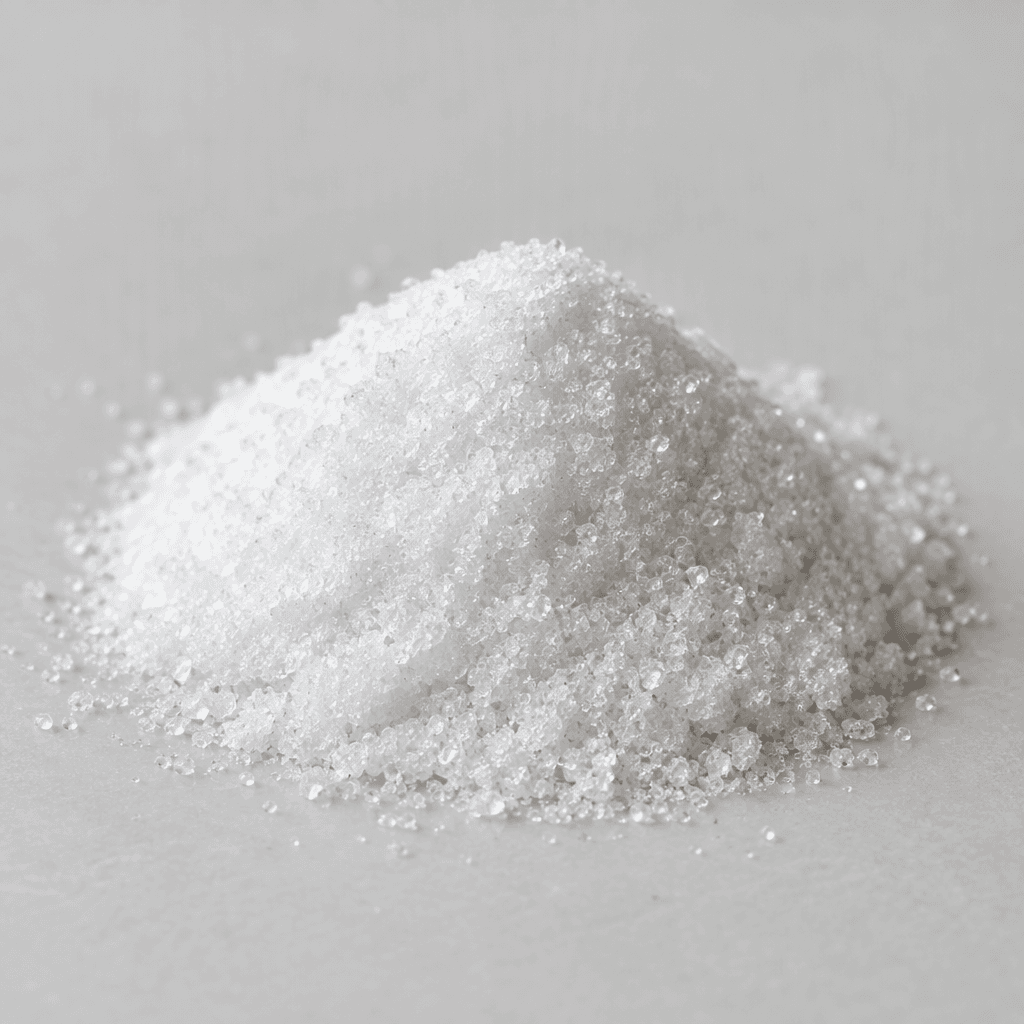 A small mound of fine, white crystalline powder rests on a plain surface.
