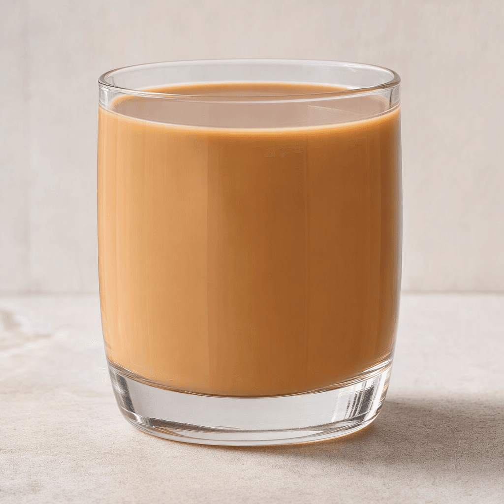 A smooth, opaque light caramel-brown coffee drink is served in a clear glass.