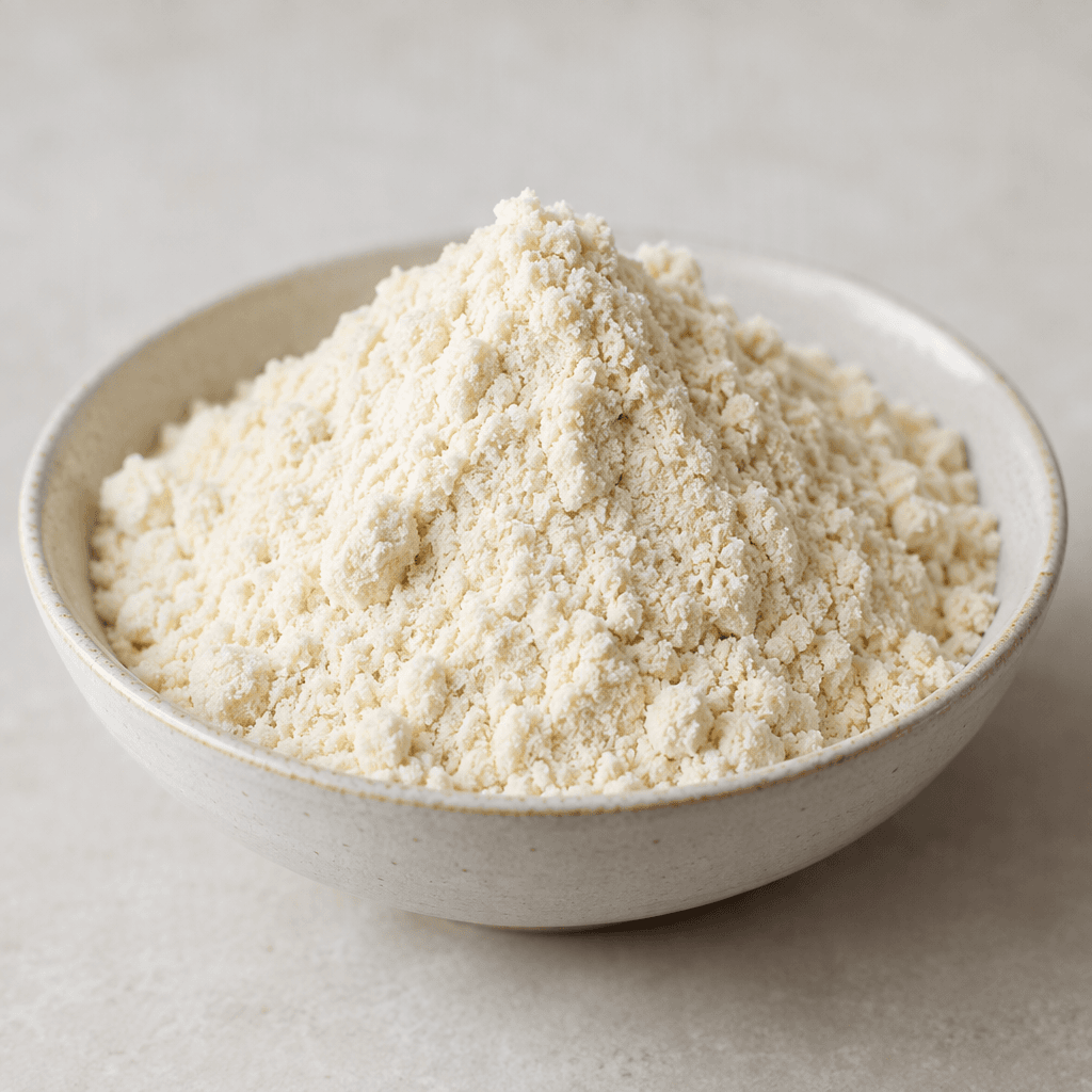 A small mound of fine, dry, pale ivory powder with a smooth, slightly clumpy surface rests in a shallow dish.