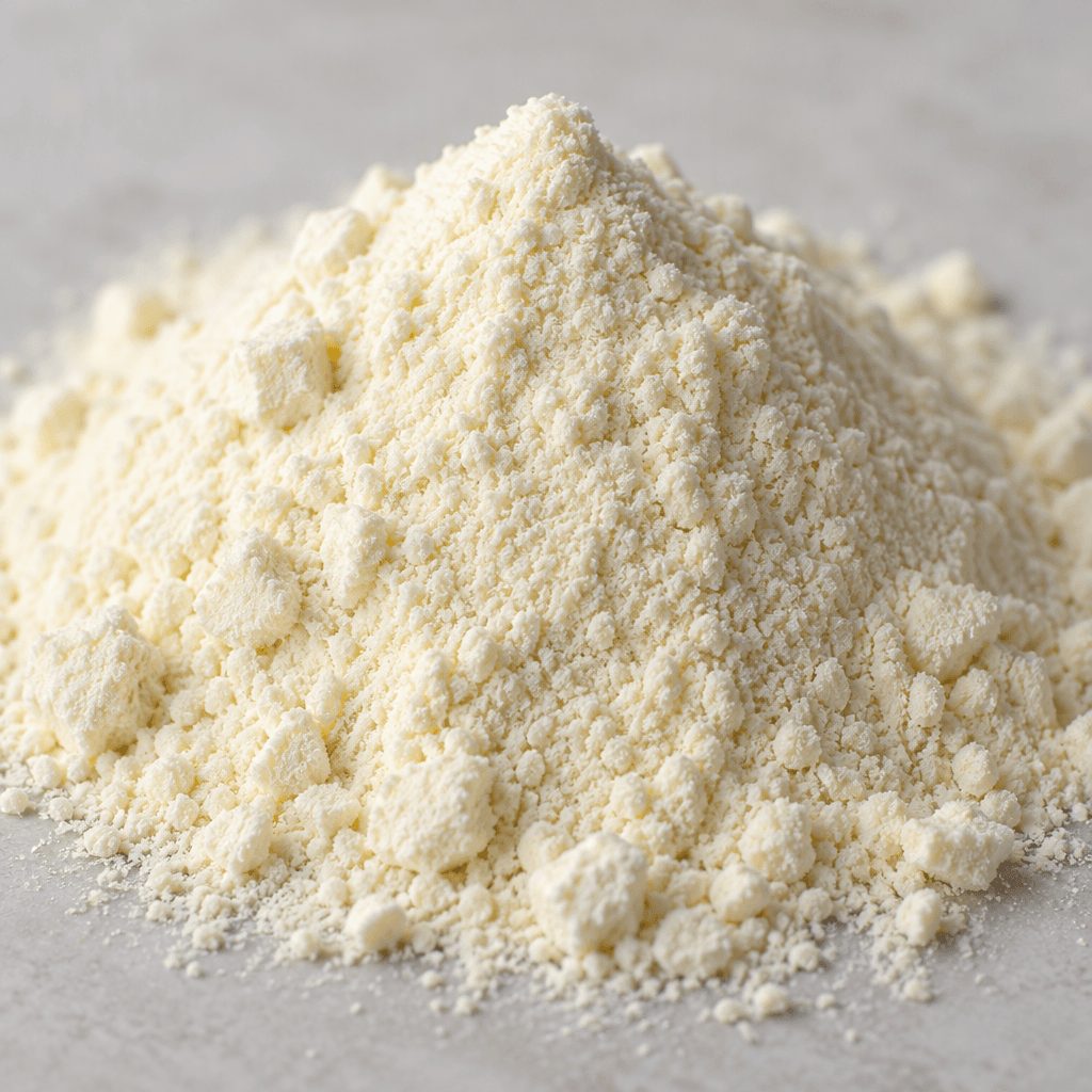 A mound of pale ivory vanilla shake mix powder with a fine, dry texture and a few small clumps.