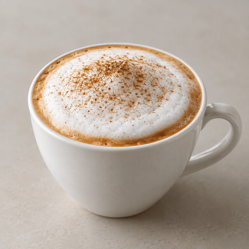 Fincanda sunulan cappuccinonun üzerinde, ince kahverengi tozla hafifçe kaplanmış yoğun ve kremamsı beyaz köpük, altında ise sıcak kahverengi kahve görülüyor.