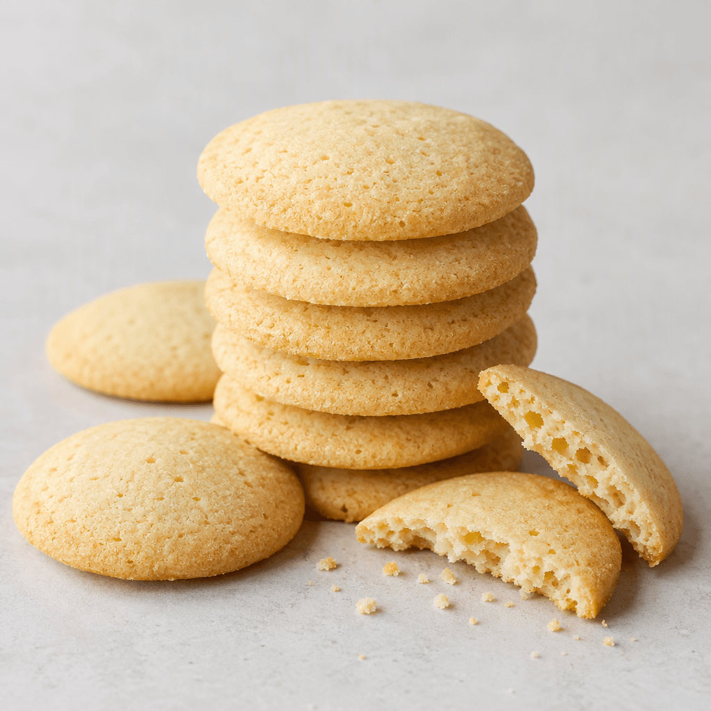 Small, round, thin vanilla biscuits with a pale golden-yellow color, gently domed surfaces, fine porous texture, and crisp broken edges, arranged in a short stack with a few pieces scattered beside it.