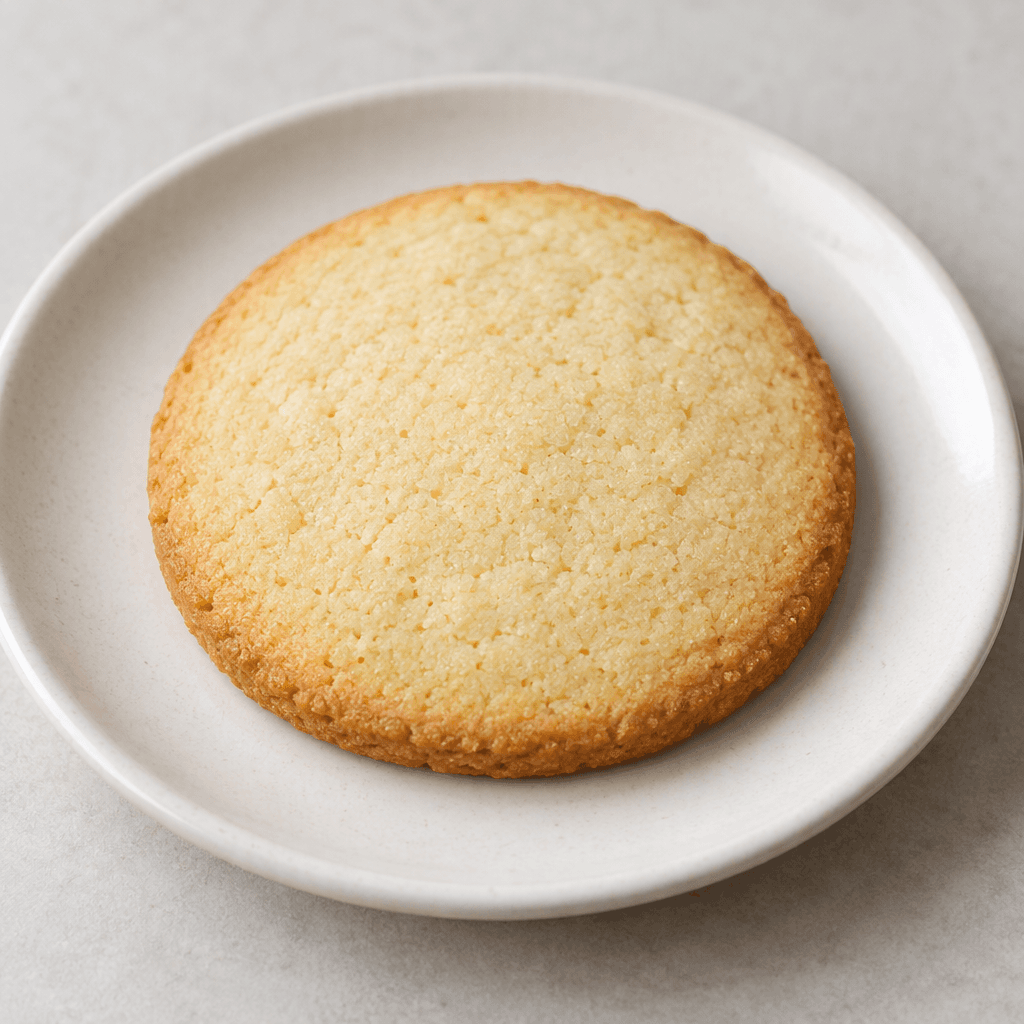 A round, pale golden vanilla cookie with a lightly browned edge and a smooth, faintly crumbly surface sits on a small plate.