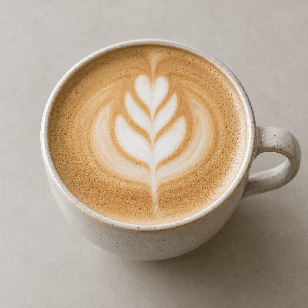 A pale caramel-colored latte with a smooth, creamy surface and a thin layer of foam, served in a cup with a simple leaf-shaped pattern on top.