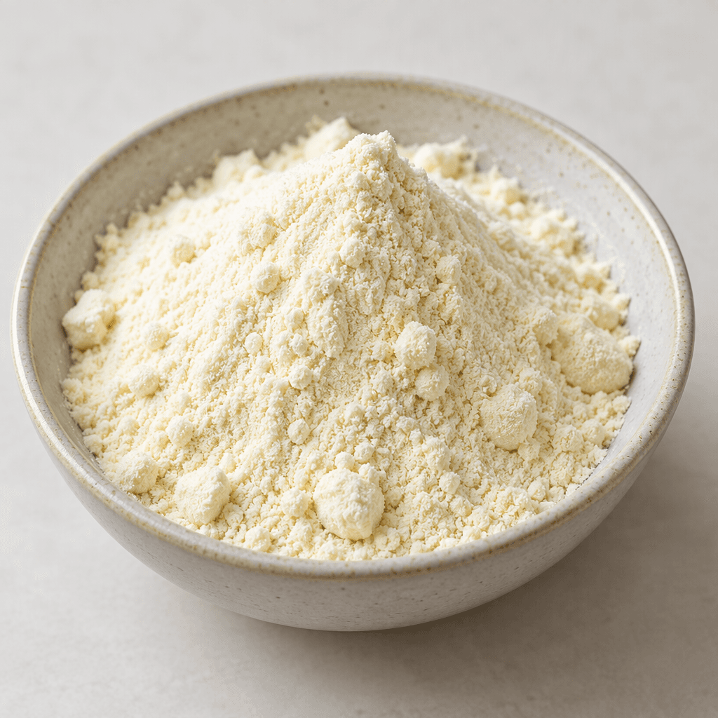 A small mound of pale ivory, finely milled pudding powder with a few soft clumps sits in a shallow bowl.