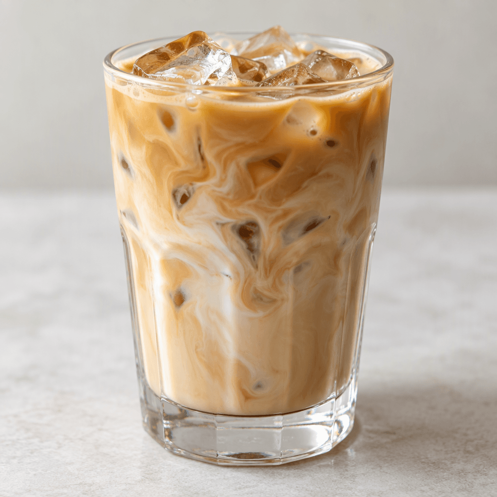 A pale tan iced latte fills a clear glass, with ice cubes visible through its creamy, lightly swirled coffee and milk.
