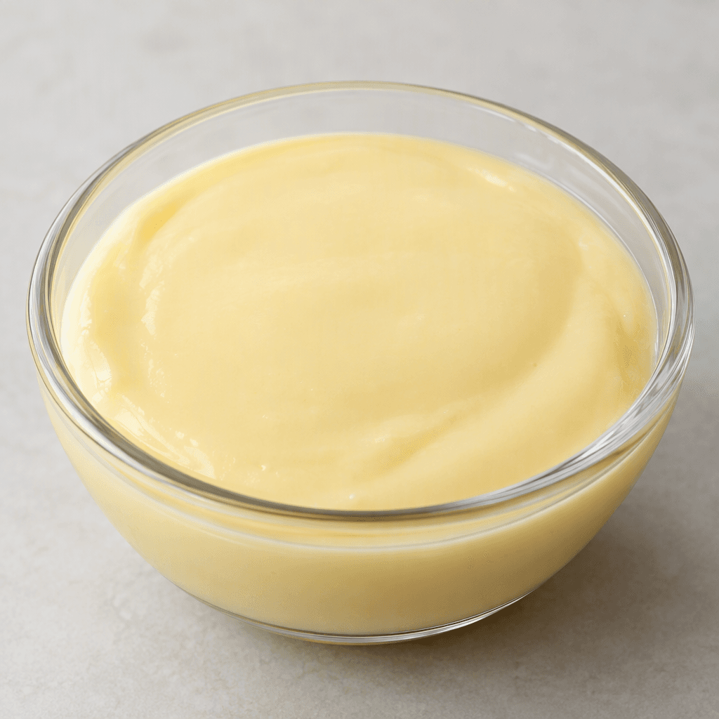 A smooth, glossy, pale cream-yellow custard with a thick, softly set texture, served in a small clear glass bowl with a level surface and gently rounded edges.